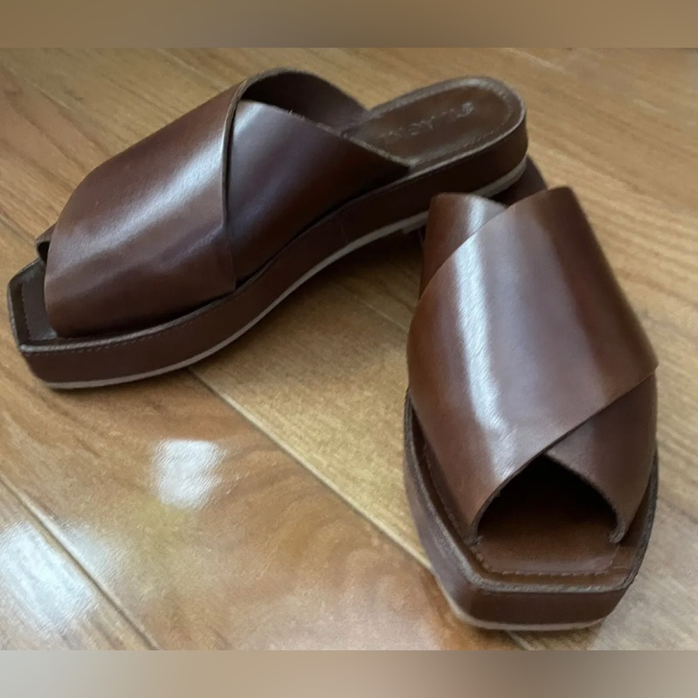 St. Agni Brown Leather Tokyo Slides size 37 6.5 New